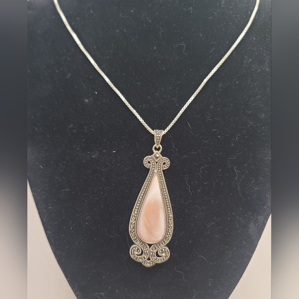 Mother-of-pearl And Silver Tone Pendant On Long Silver Tone Chain
